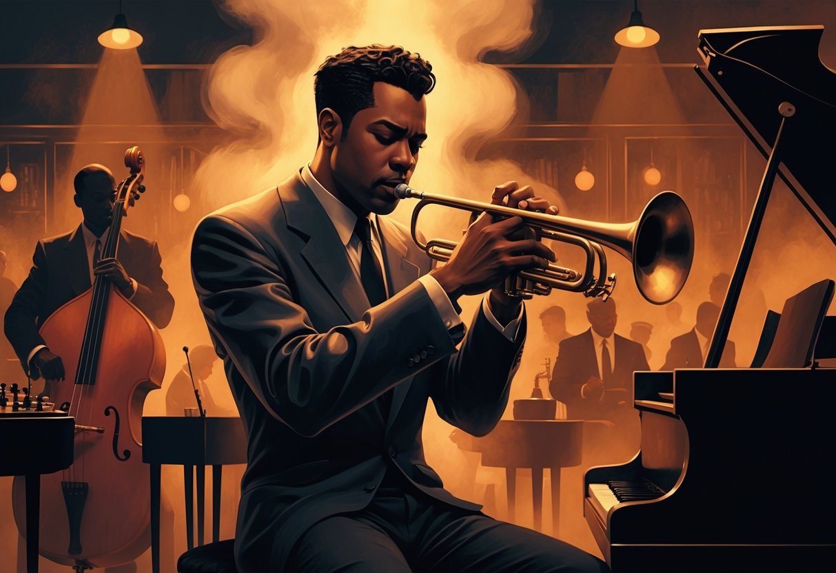 Um músico de jazz tocando trompete em um palco com iluminação baixa, rodeado por instrumentos musicais e uma plateia em sombras.