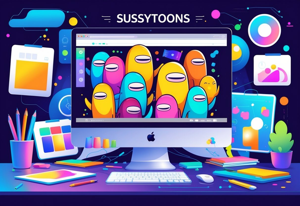 Um ambiente de trabalho digital com um computador exibindo personagens de desenhos animados coloridos, cercado por materiais de desenho e elementos tecnológicos.