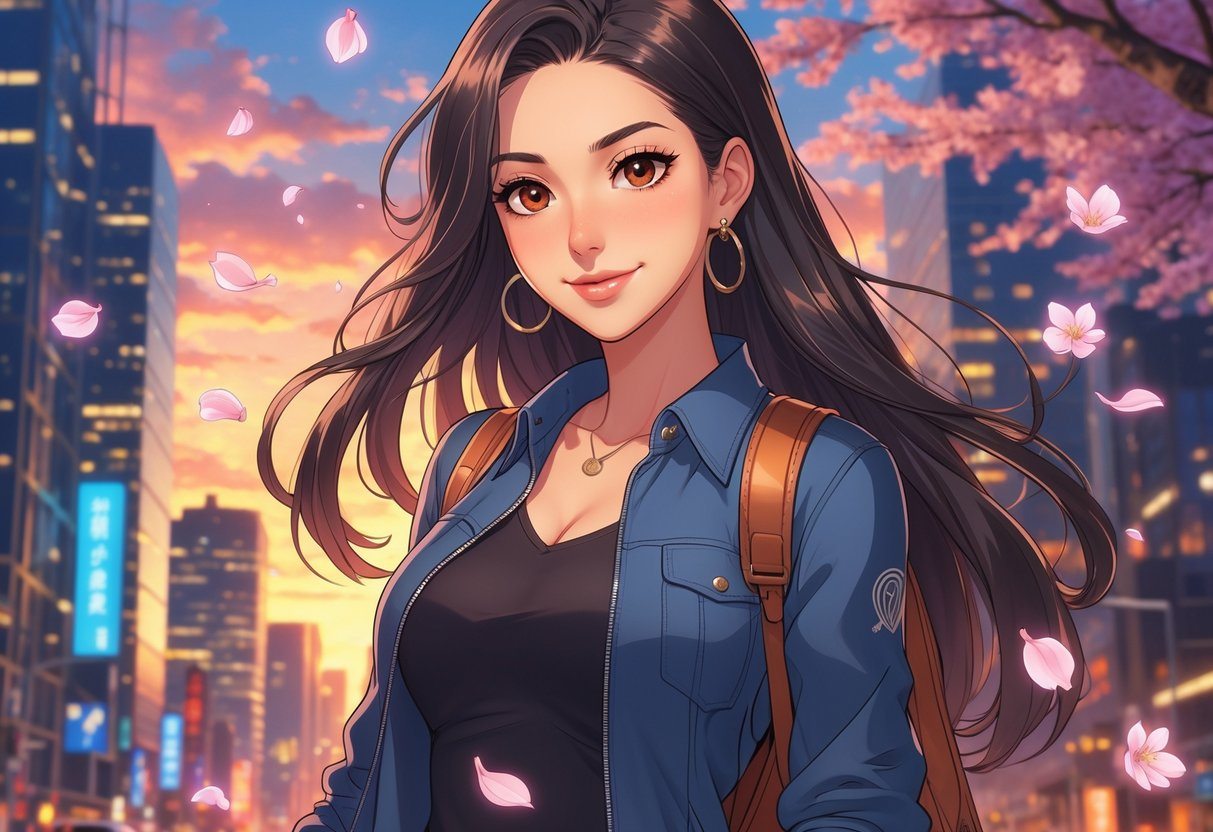 Uma jovem mulher confiante com cabelo longo e olhos castanhos, sorrindo, em frente a uma paisagem urbana ao pôr do sol com pétalas de flores ao redor.