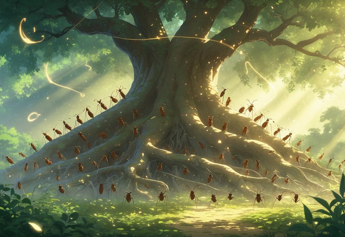 Cena mostrando uma árvore antiga com muitas formigas trabalhando juntas ao redor, em um ambiente natural iluminado pela luz do sol.