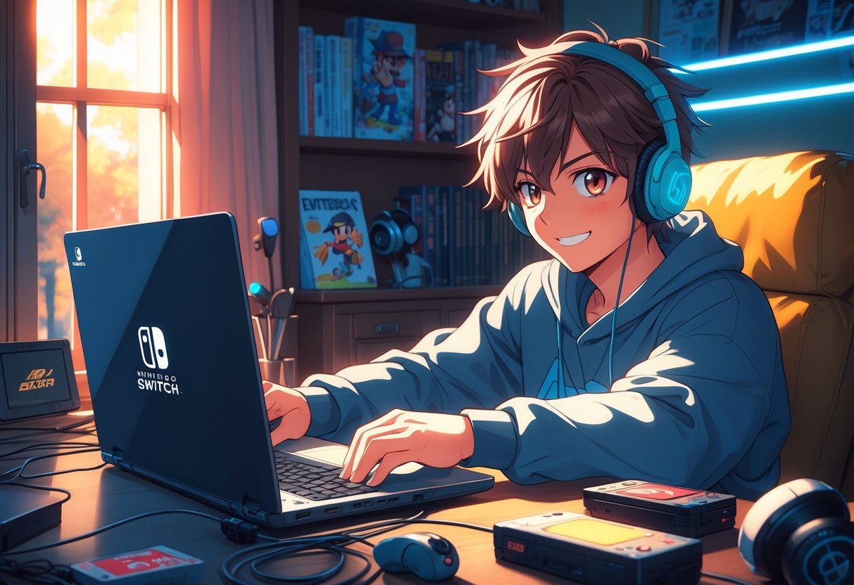 Pessoa jovem sentada em um quarto aconchegante jogando em um laptop que emula um Nintendo Switch, com itens de jogos ao redor.