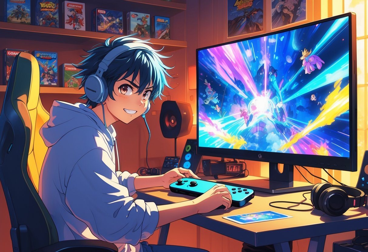Pessoa jovem jogando Nintendo Switch conectado a um monitor em um quarto aconchegante com acessórios de videogame ao redor.