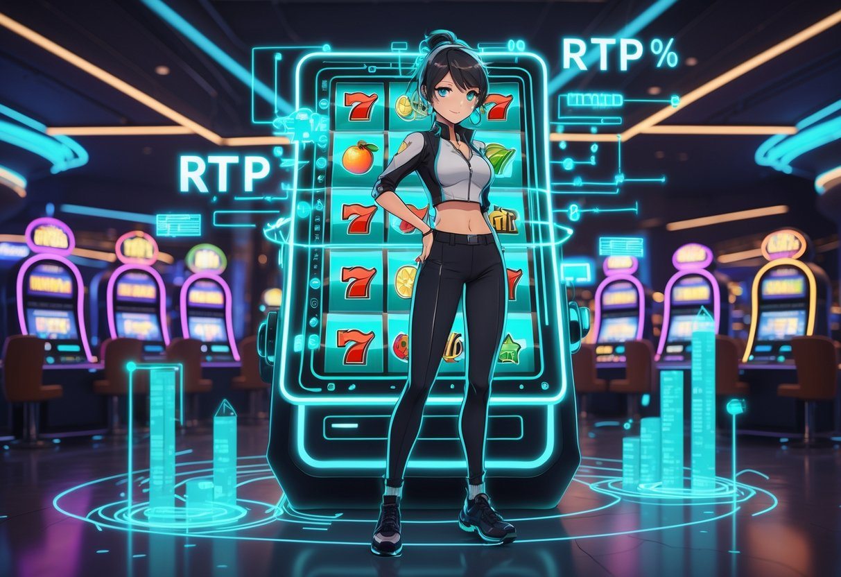 Uma jovem personagem em um ambiente futurista de cassino digital, com uma máquina caça-níqueis holográfica e gráficos flutuantes mostrando dados de jogo ao redor.