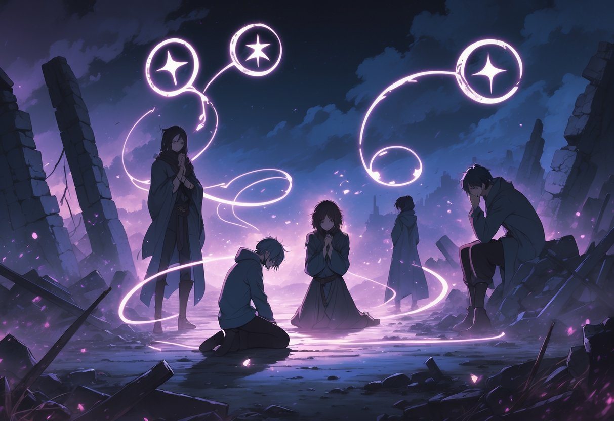 Cena com personagens emotivos cercados por símbolos místicos e energias brilhantes, em um cenário sombrio com ruínas e aparições fantasmais, transmitindo tristeza e destinos trágicos.