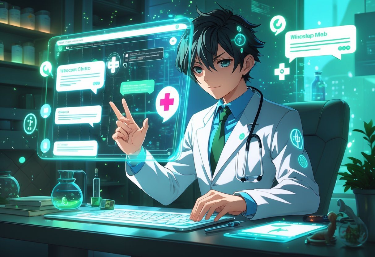 Um jovem médico interagindo com uma tela holográfica cheia de ícones médicos e elementos fantásticos em um ambiente futurista e acolhedor.