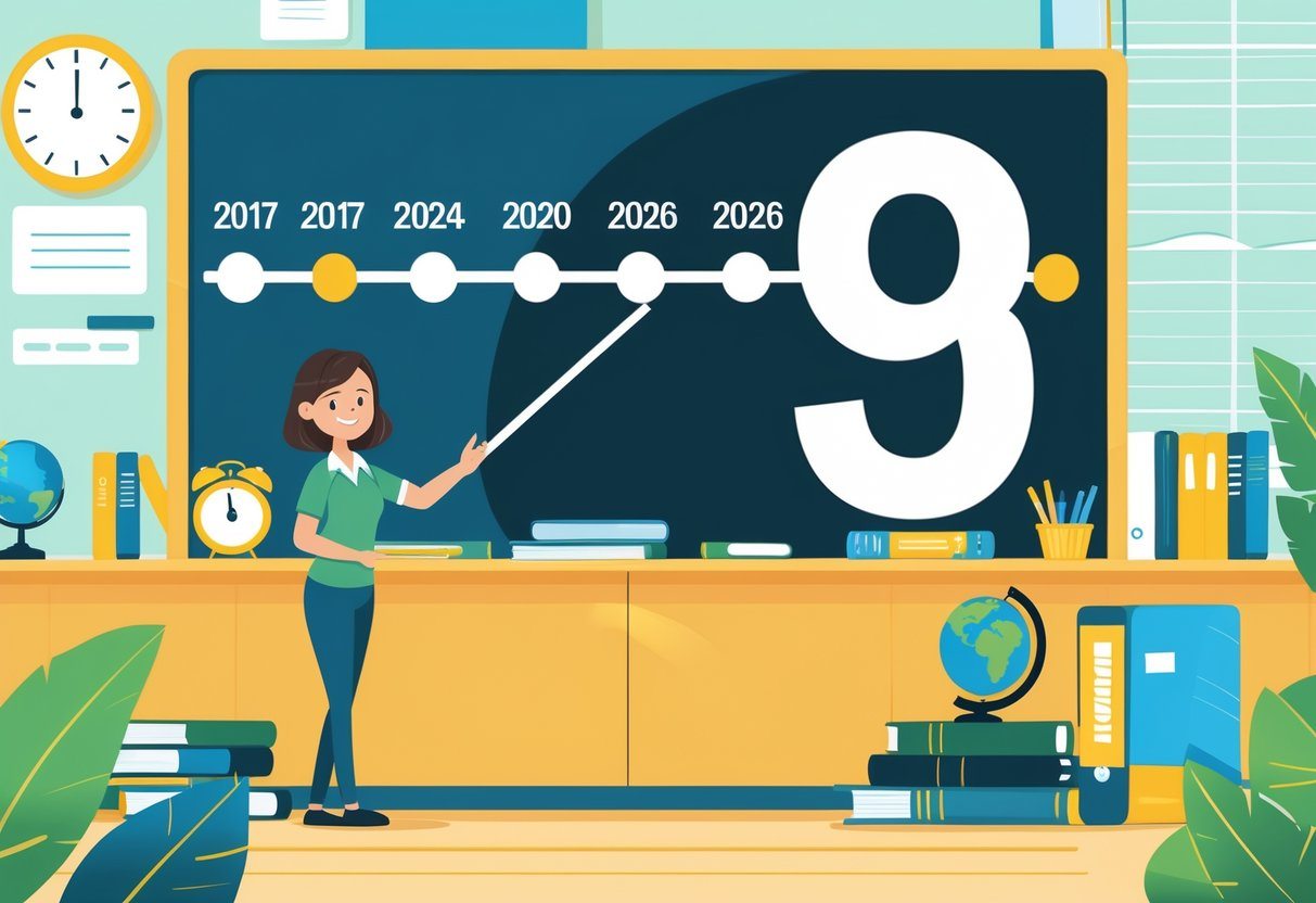 Um professor apontando para um quadro com uma linha do tempo de 2017 a 2026 e o número 9 destacado, mostrando a idade de alguém nascido em 2017 no ano de 2026.