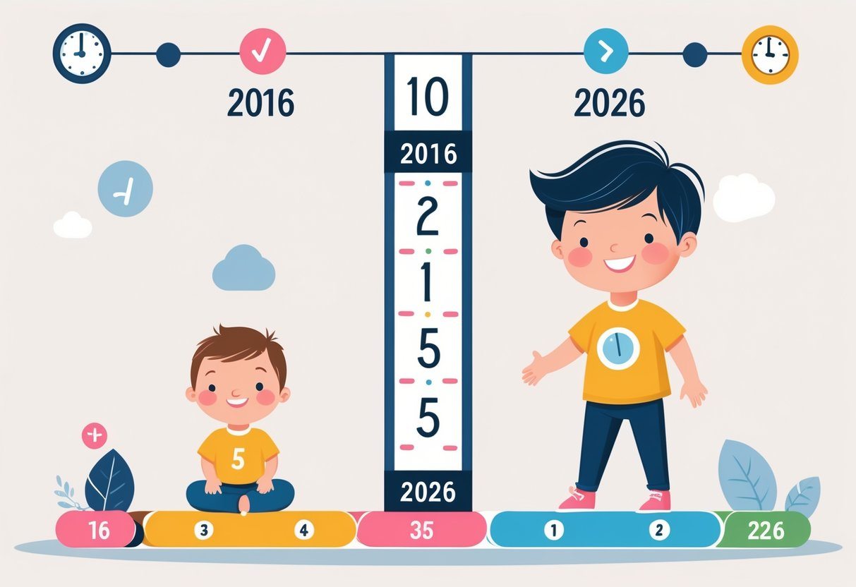 Ilustração mostrando uma linha do tempo de 2016 a 2026 com uma criança pequena em 2016 e a mesma criança com 10 anos em 2026.
