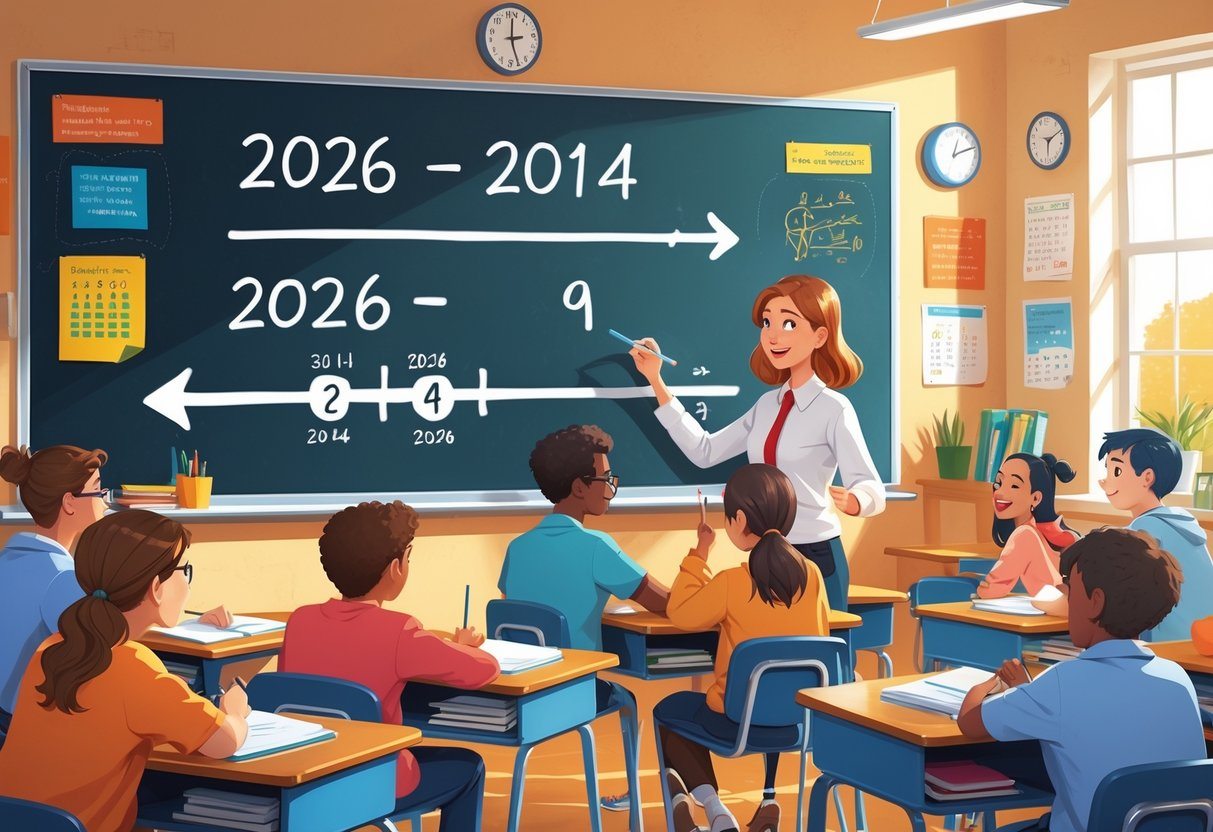 Sala de aula com um professor mostrando no quadro uma conta de subtração para calcular a idade de alguém nascido em 2014 até 2026, com alunos atentos nas carteiras.