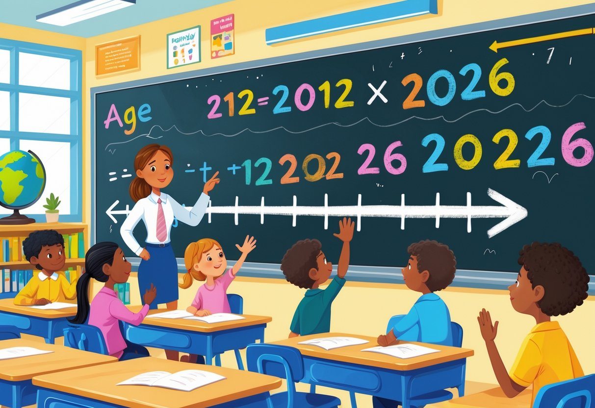 Sala de aula com professor ao lado de quadro mostrando uma linha do tempo e alunos prestando atenção.