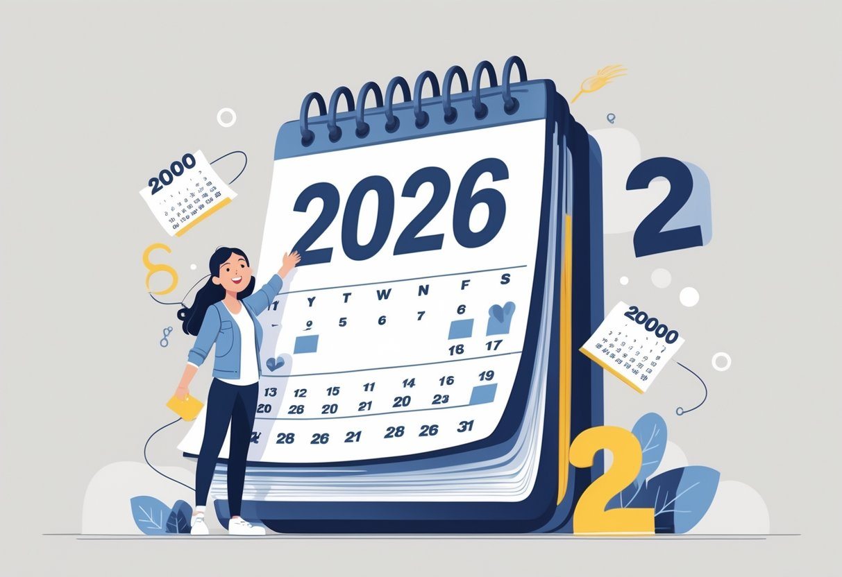 Pessoa jovem comemorando 26 anos ao lado de um calendário mostrando o ano 2026.