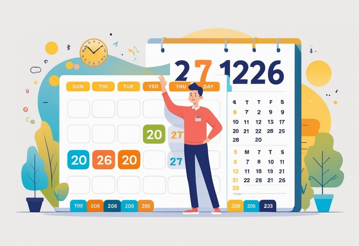 Pessoa jovem comemorando aniversário ao lado de um calendário do ano de 2026 com elementos que representam a passagem do tempo.