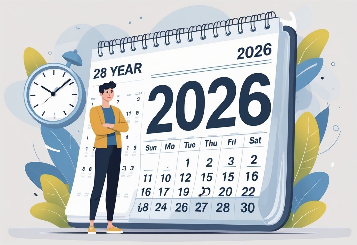 Pessoa jovem ao lado de um calendário mostrando o ano 2026, com elementos que indicam a passagem do tempo.
