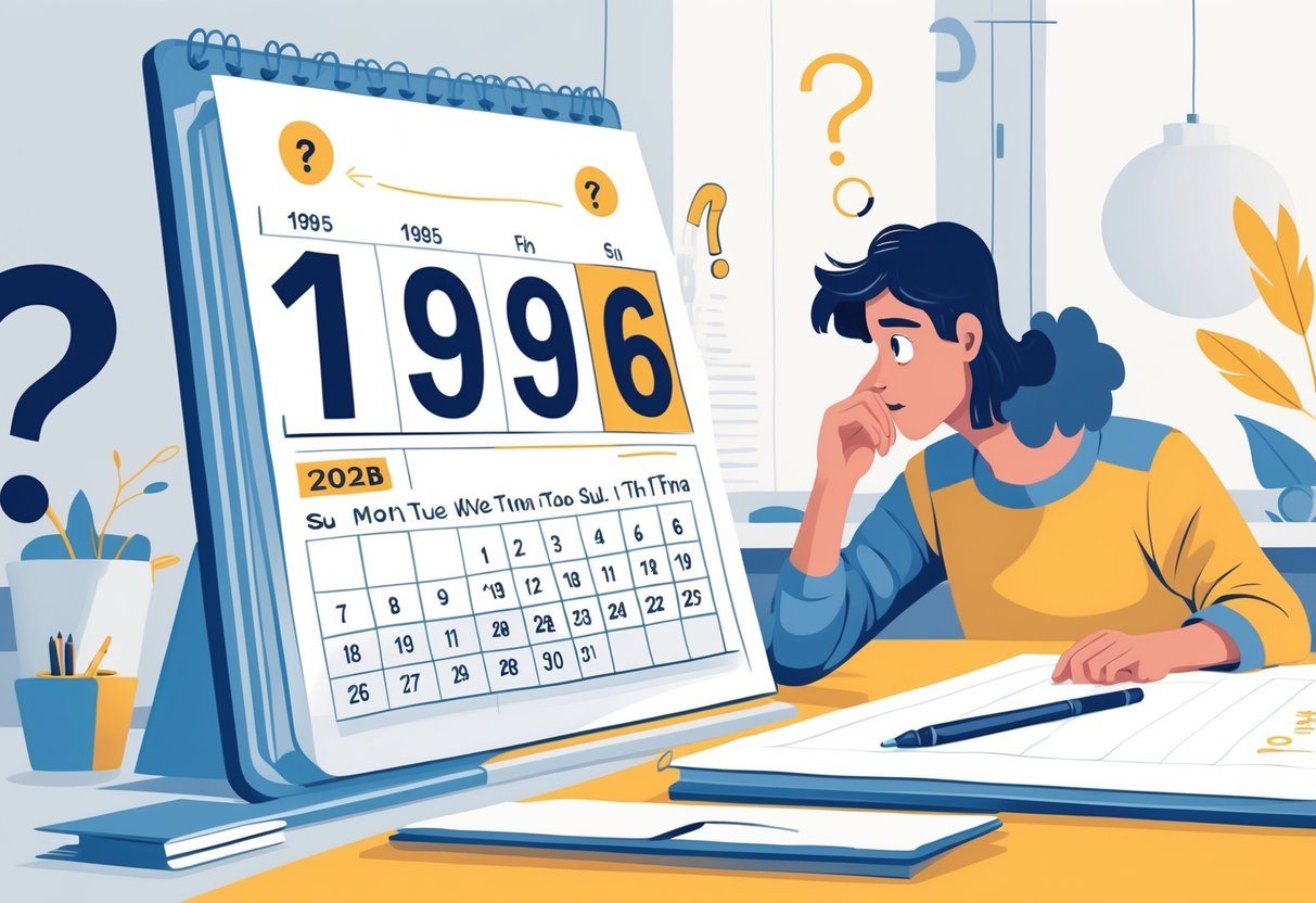 Uma pessoa jovem olhando para calendários com os anos 1995 e 2026, pensando na idade que terá em 2026.