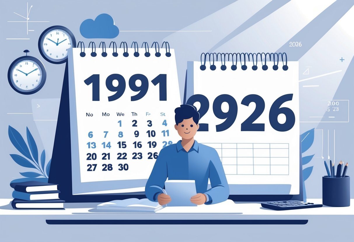 Pessoa calculando a idade de alguém que nasceu em 1991 para o ano de 2026, com calendários e uma calculadora em uma mesa.