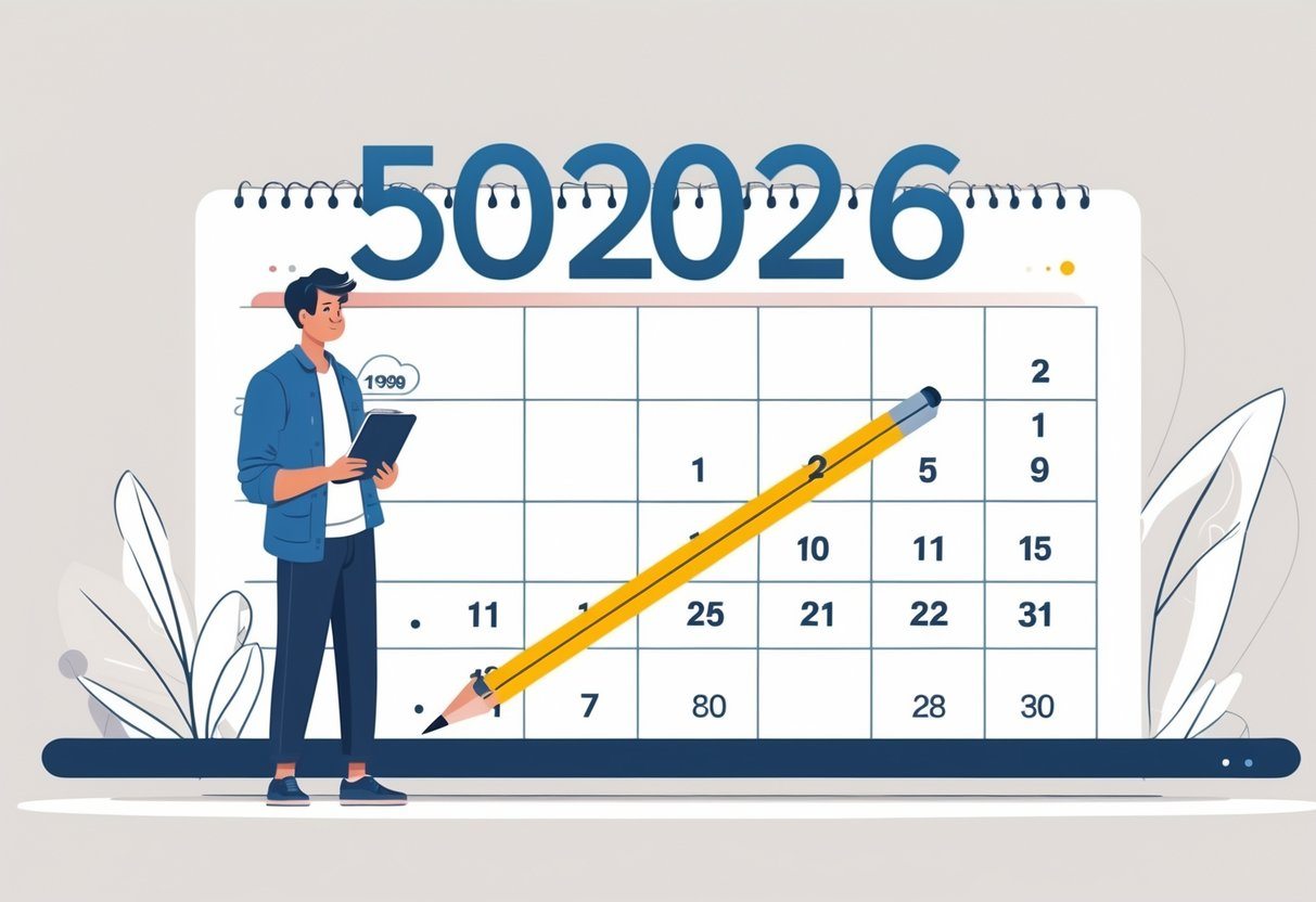 Pessoa jovem olhando para um calendário do ano de 2026, pensando em calcular a idade a partir do ano de nascimento 1990.