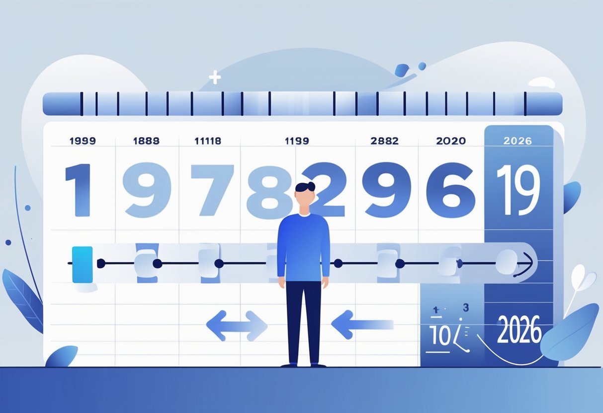 Ilustração mostrando uma linha do tempo com os anos 1989 e 2026 destacados e uma pessoa no meio, representando o cálculo da idade.