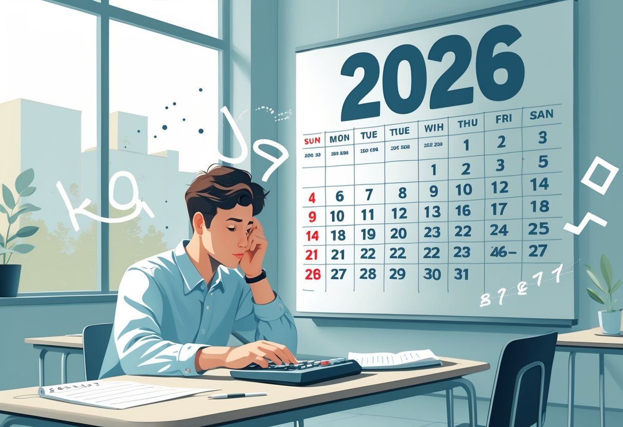Pessoa calculando a idade em um ambiente com calendário mostrando o ano 2026.