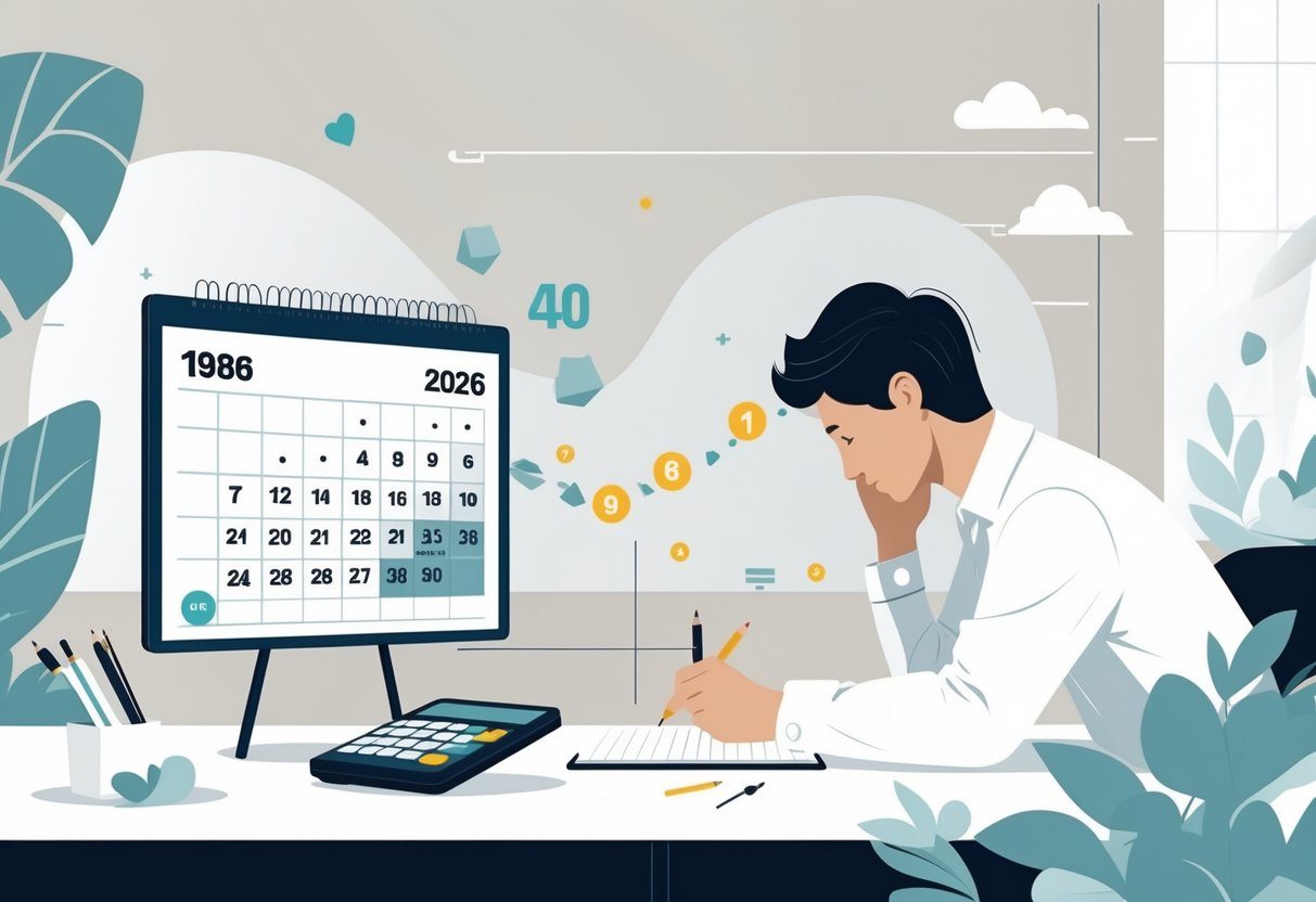Pessoa calculando a idade entre os anos 1986 e 2026 em um ambiente de trabalho moderno.