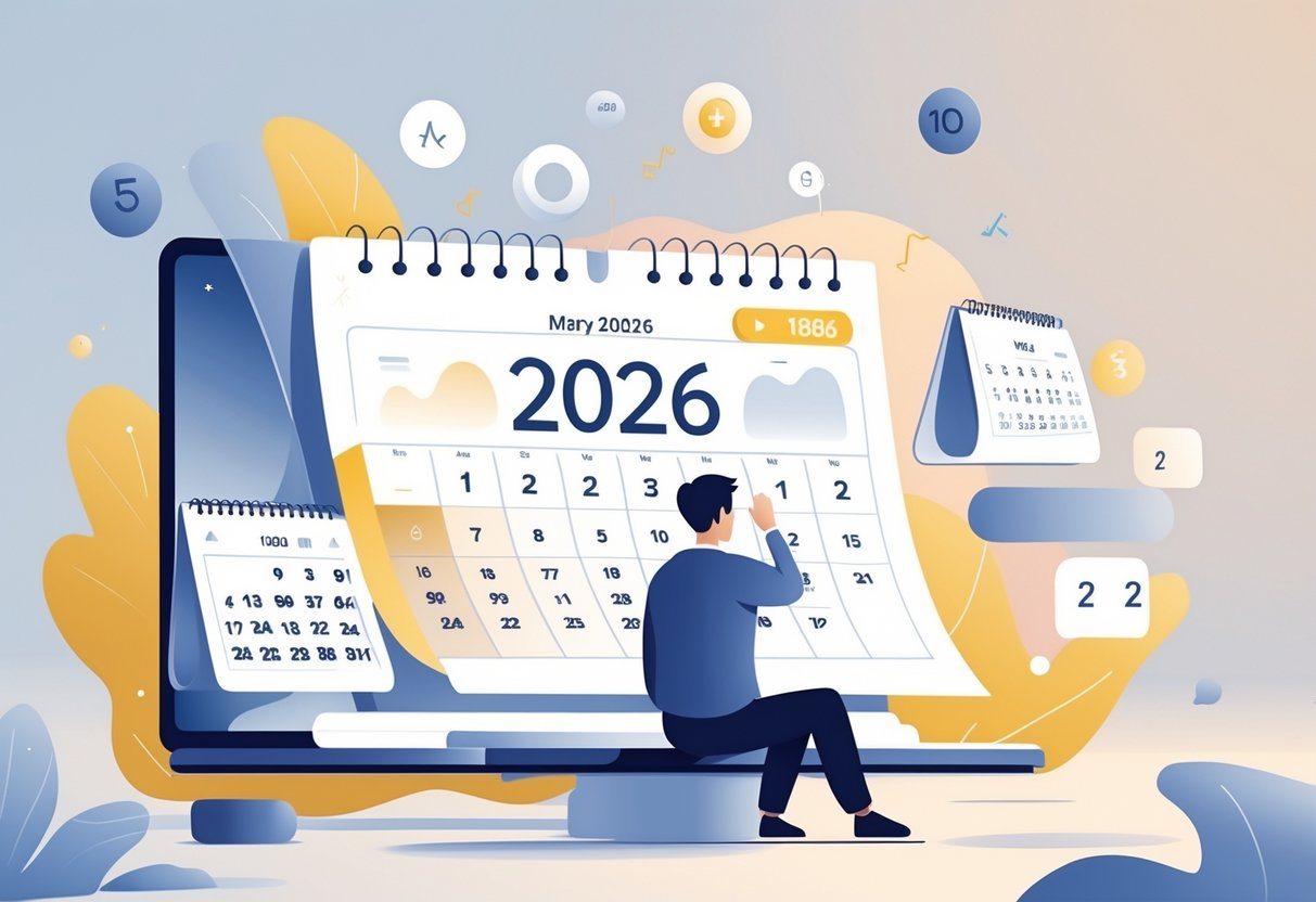 Pessoa olhando para um calendário com os anos 1982 e 2026 destacados, simbolizando o cálculo de idade.