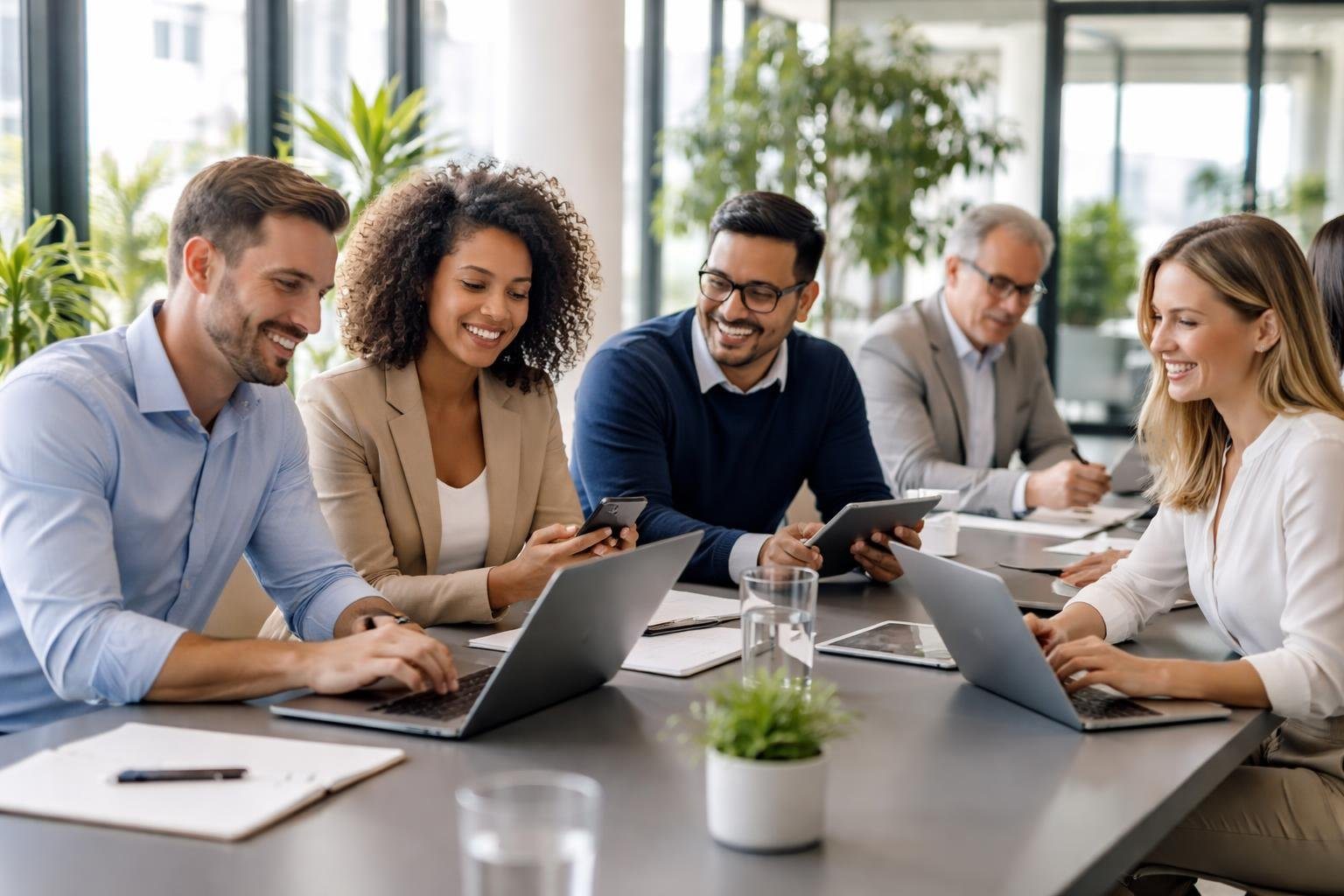 Grupo de profissionais em reunião corporativa colaborando em uma mesa de conferência moderna.
