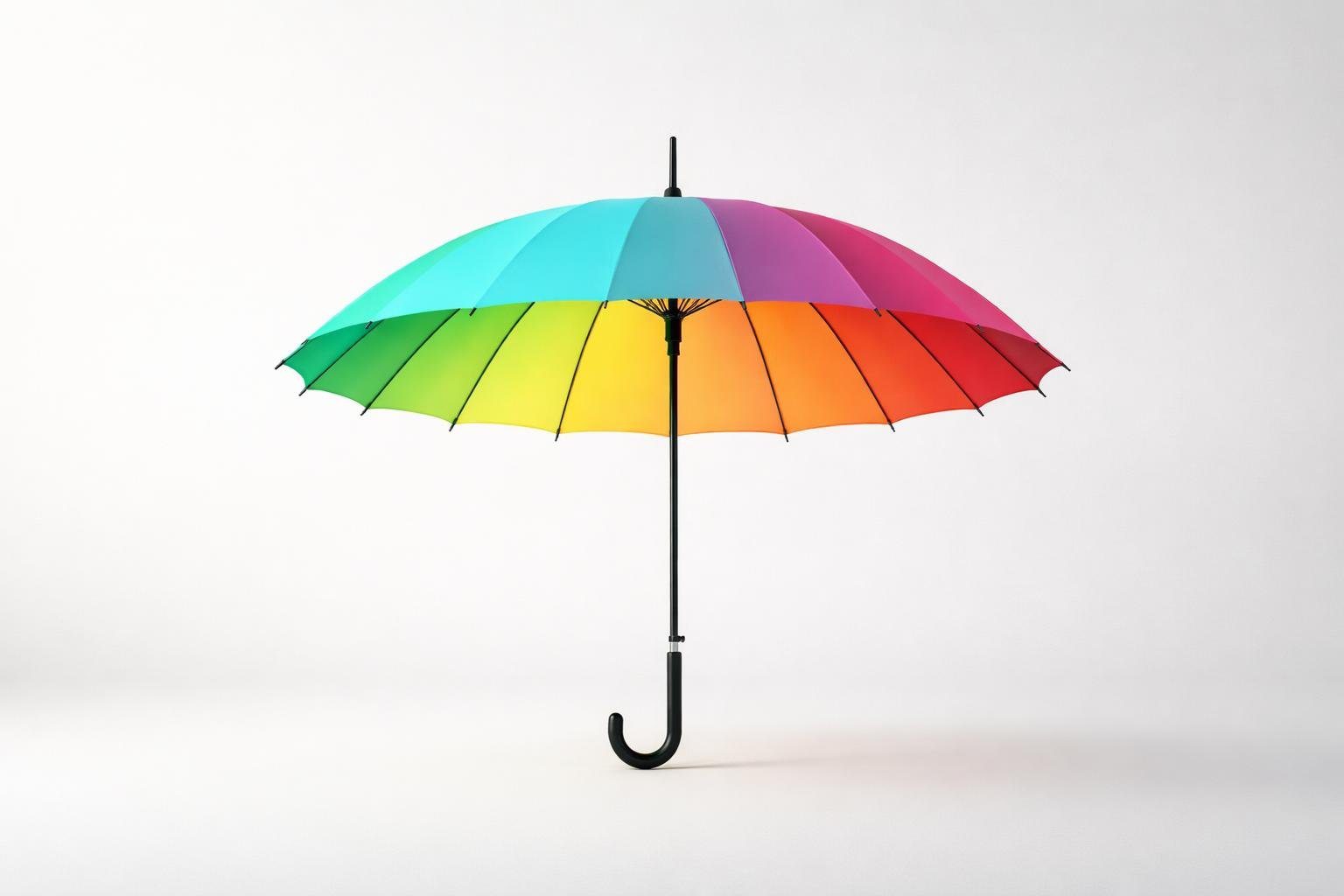 Um guarda-chuva aberto em pé sobre um fundo neutro e limpo.