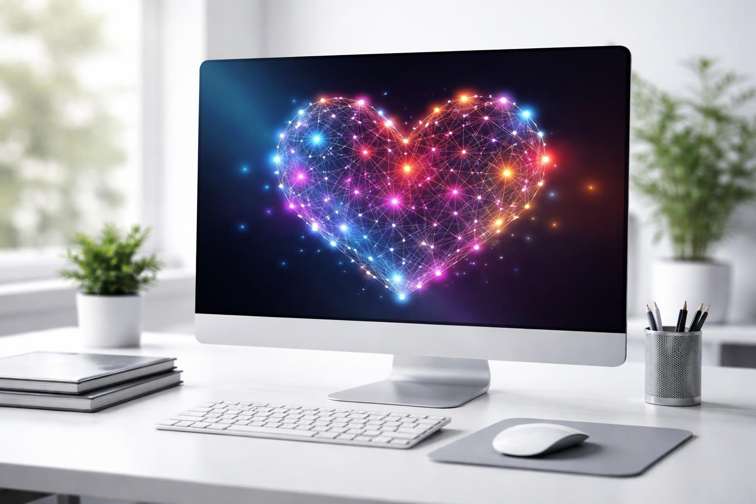 Espaço de trabalho moderno com monitor exibindo um design colorido em forma de coração feito de conexões digitais, em uma mesa limpa com itens de escritório.