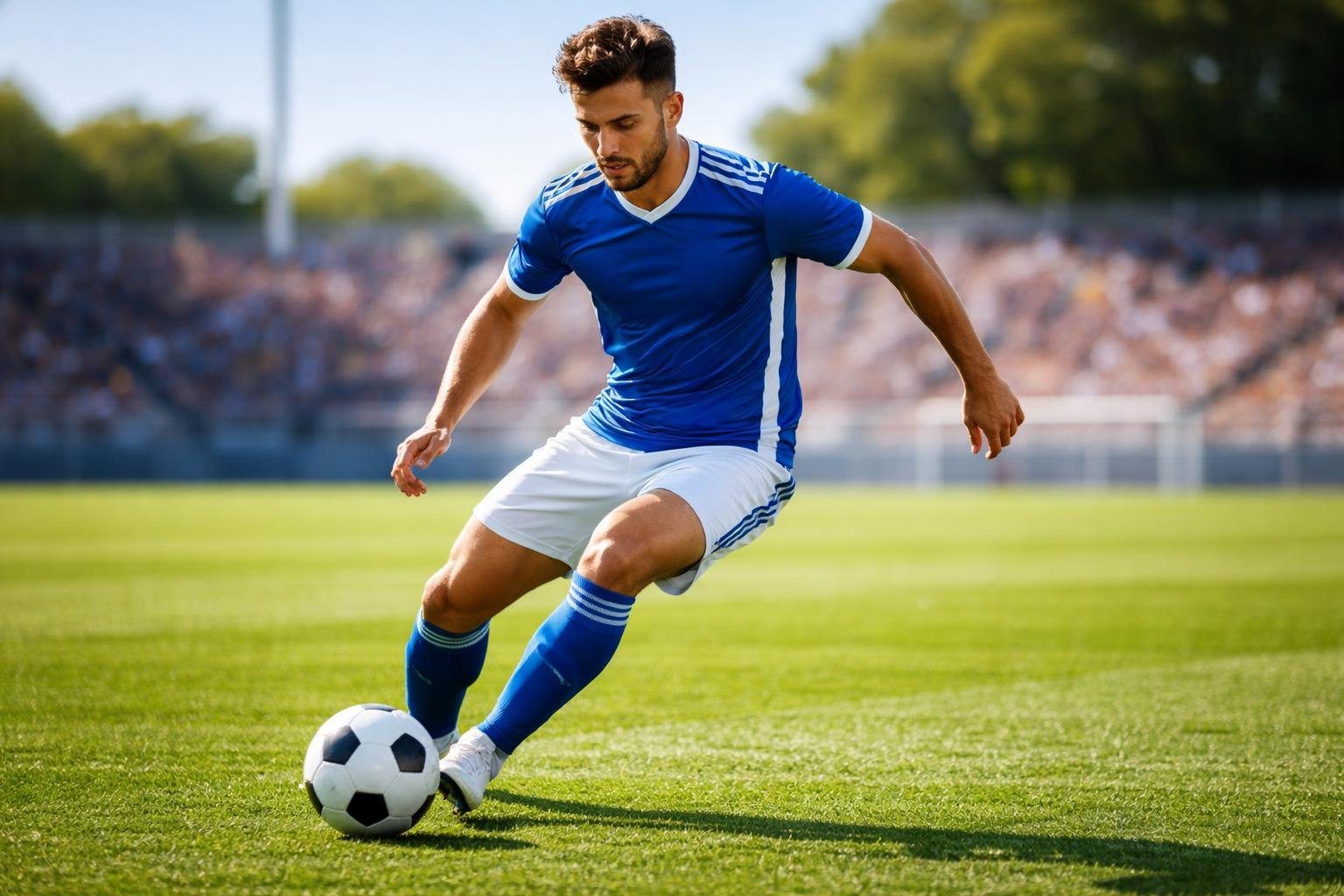 Jogador de futebol masculino controlando a bola em um campo ao ar livre durante o dia.