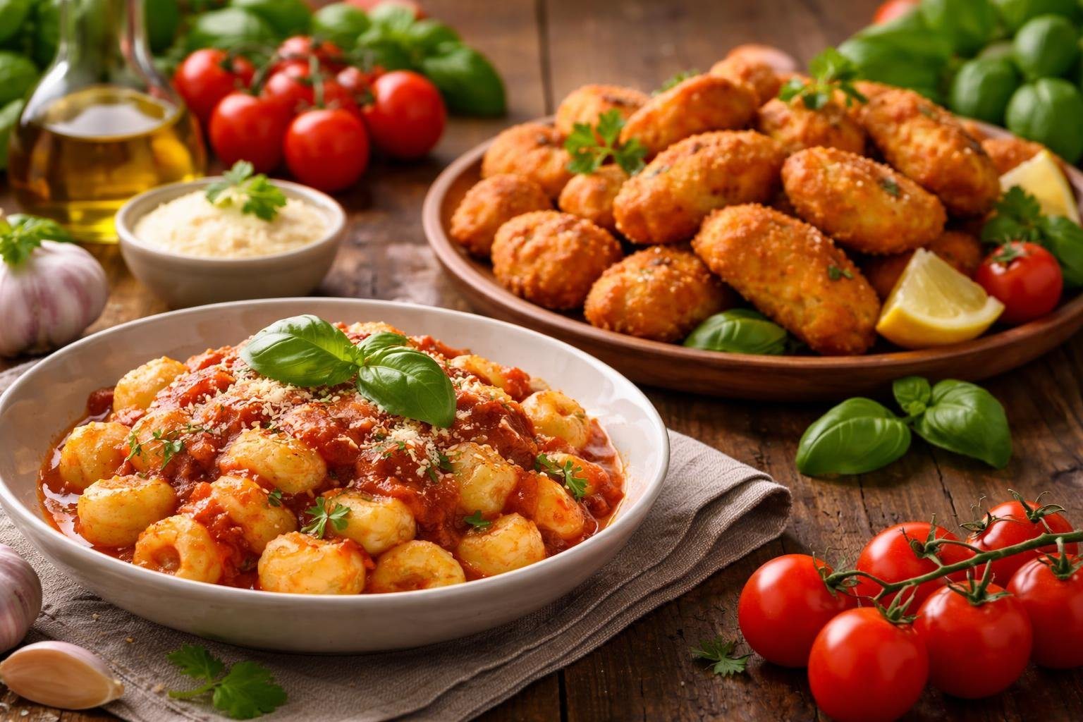Mesa com pratos de comida brasileira, incluindo nhoque e nuggets, com ingredientes frescos ao redor.