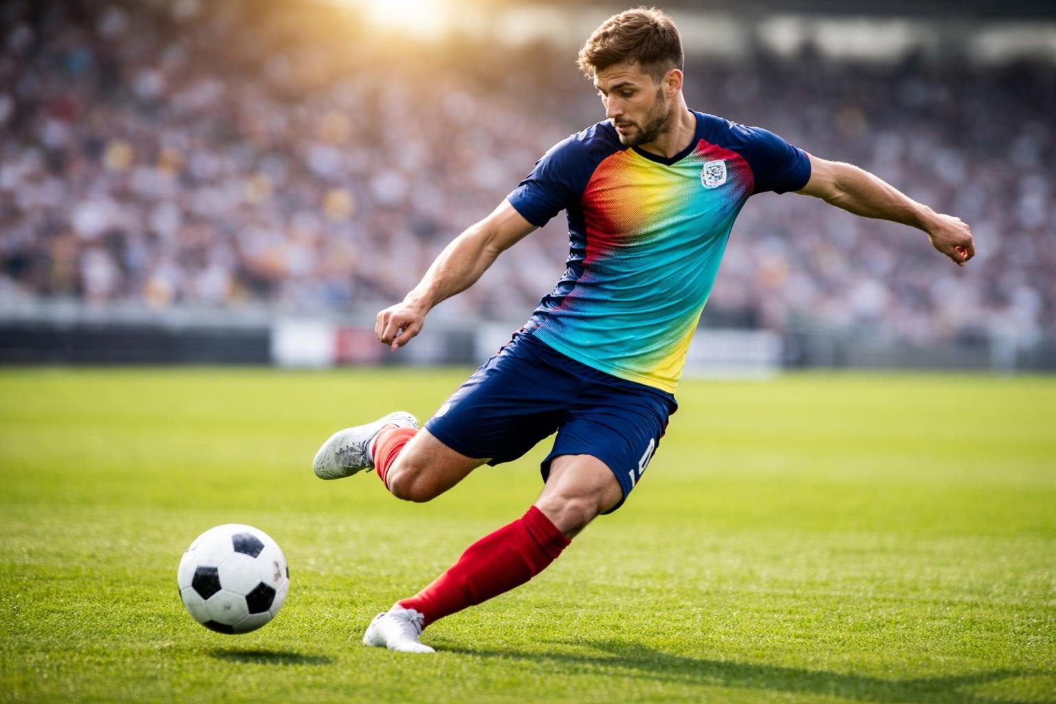 Jogador de futebol masculino correndo em campo durante o dia.