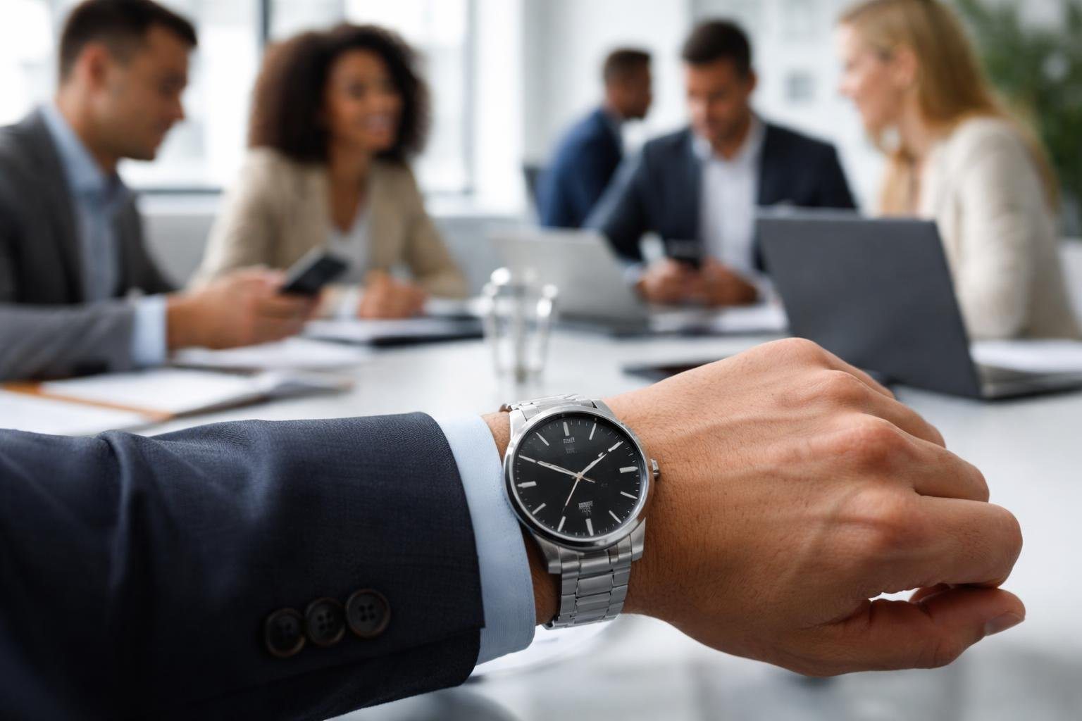 Relógio de pulso em destaque com pessoas em reunião de negócios ao fundo.