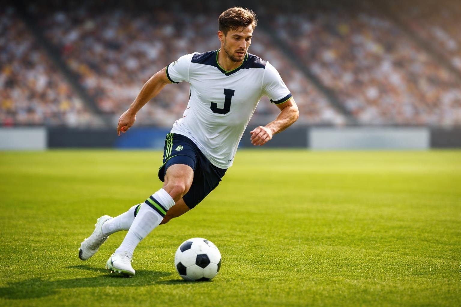 Jogador de futebol masculino em campo, vestindo uniforme com a letra J, driblando a bola durante uma partida.