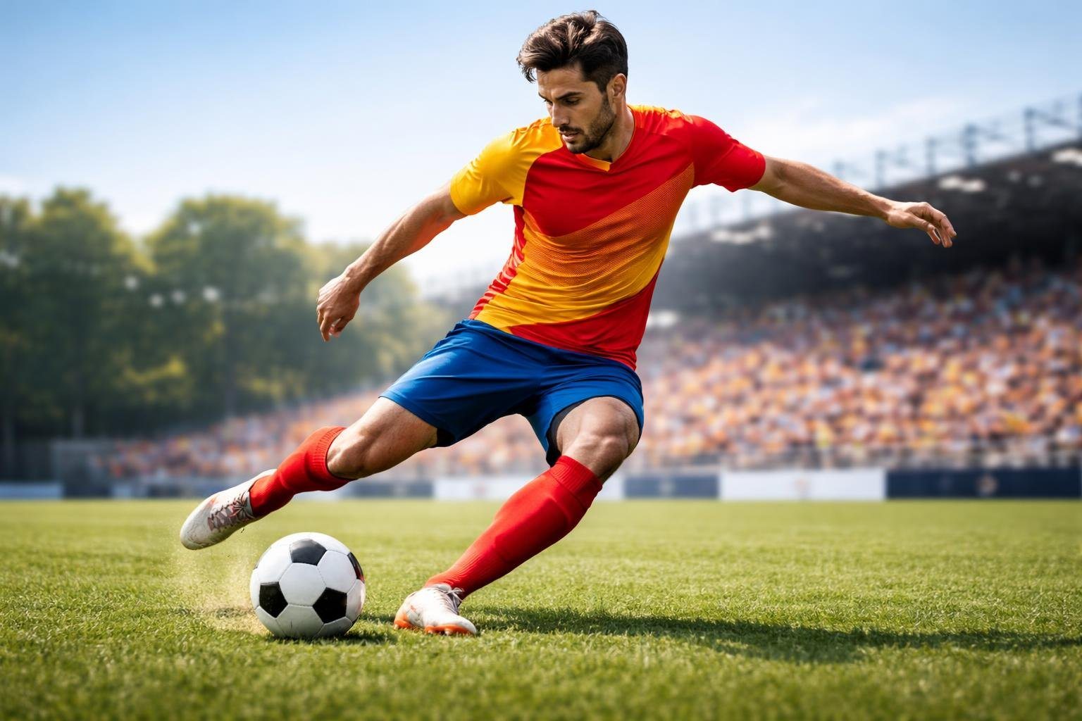 Jogador de futebol masculino em campo verde controlando a bola durante o jogo.