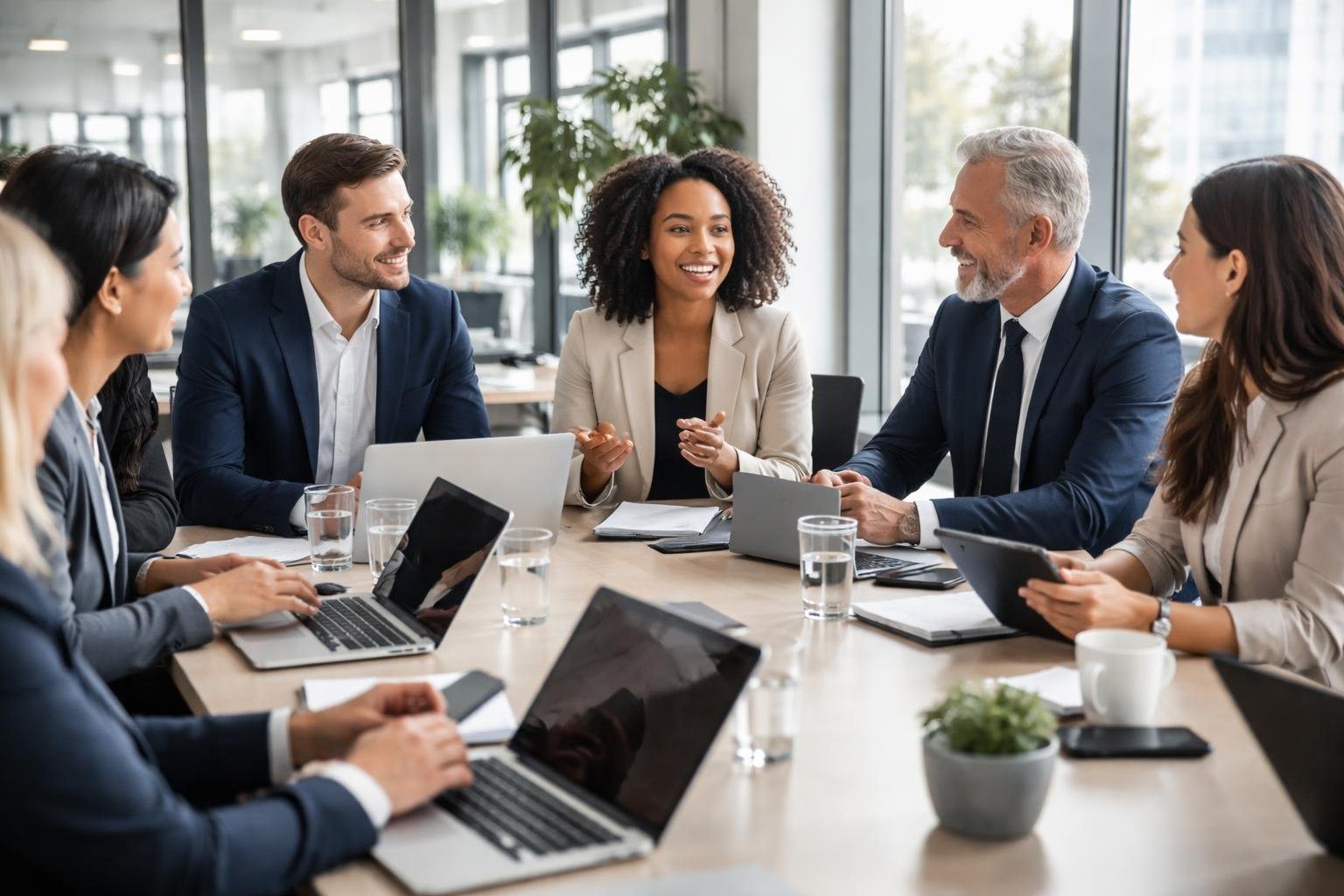 Grupo de profissionais em reunião de trabalho em escritório moderno, colaborando e usando dispositivos eletrônicos.