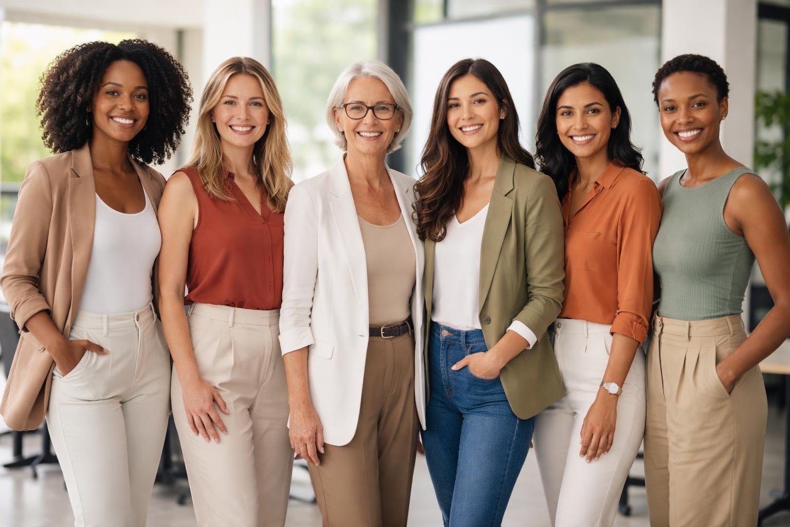 Grupo de mulheres diversas em um ambiente de escritório, interagindo de forma confiante e amigável.