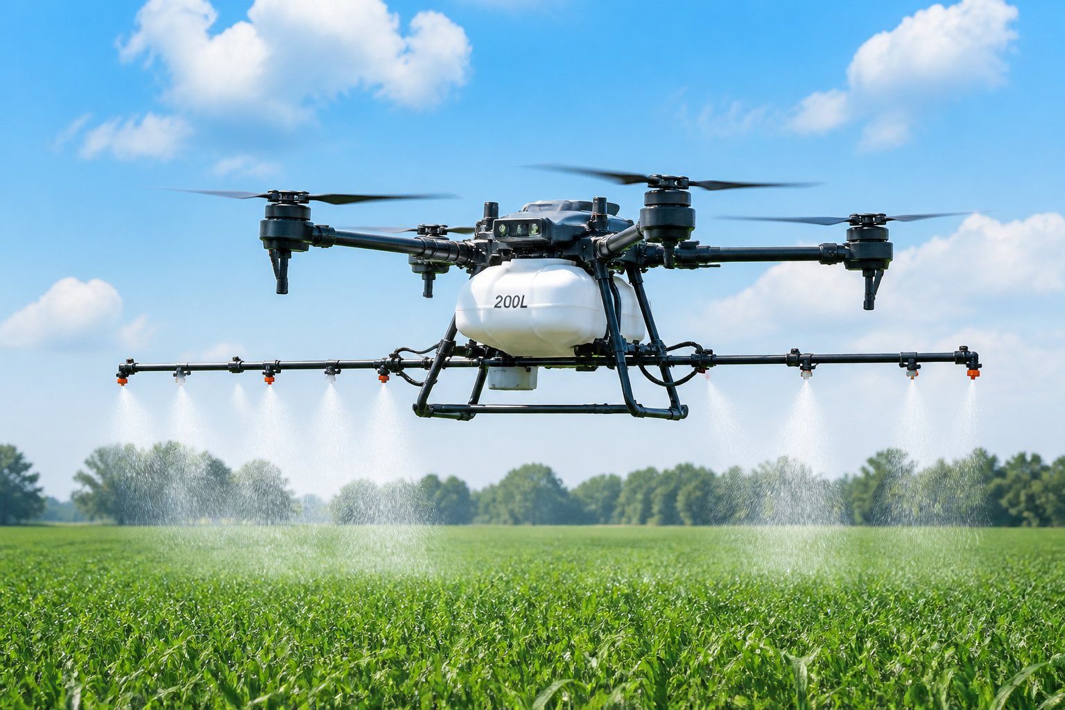 Drone agrícola pulverizando uma plantação verde com tanque de 200 litros sob céu azul.