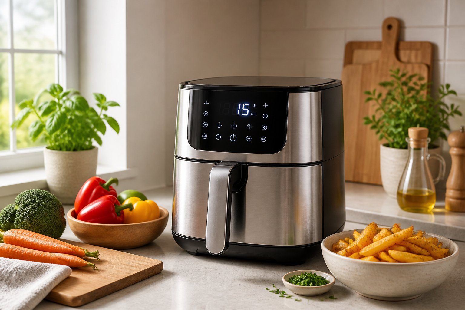 Uma airfryer moderna em uma bancada de cozinha com legumes frescos ao redor e luz natural entrando pela janela.
