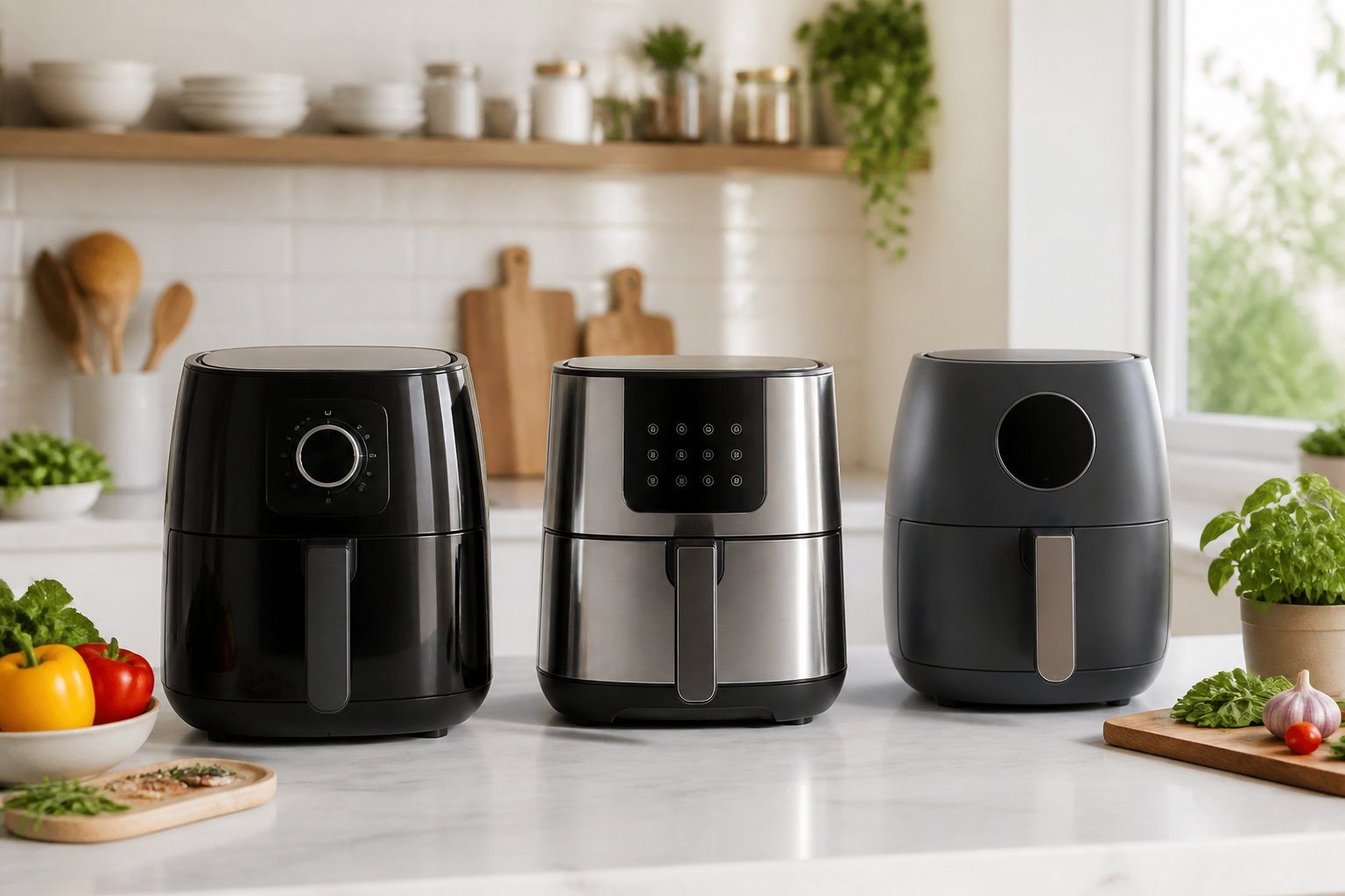 Três modelos diferentes de air fryer dispostos lado a lado sobre uma bancada de cozinha moderna, com utensílios e ingredientes frescos ao fundo.