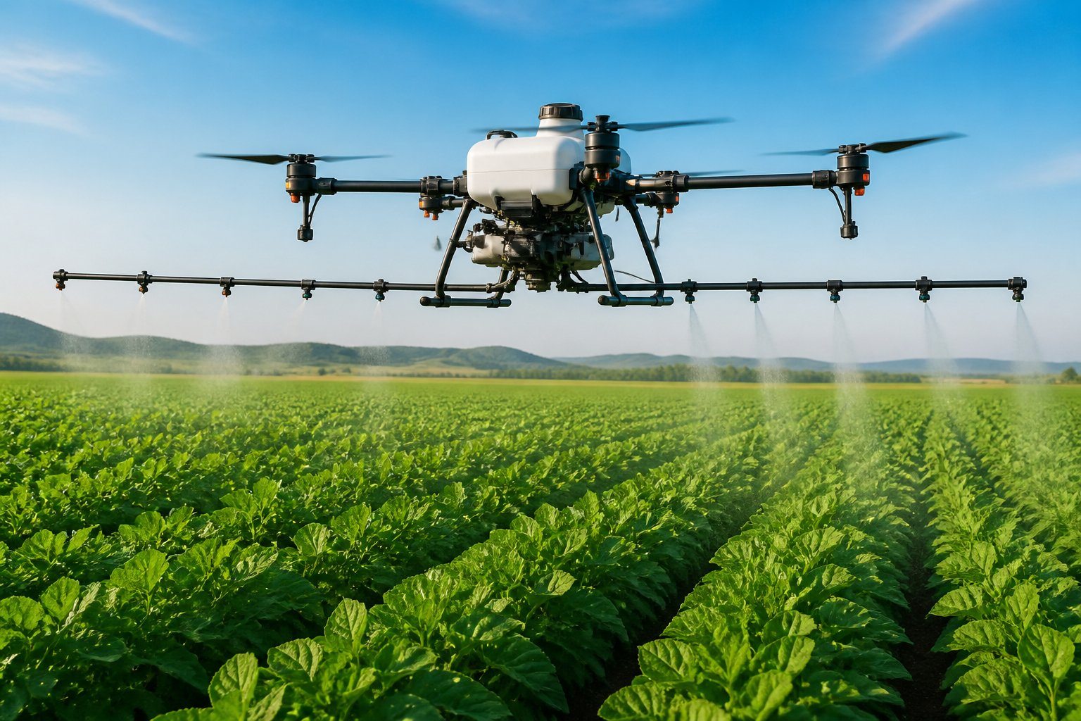 Drone agrícola com tanque de 200 litros voando sobre uma plantação verde em um dia claro.