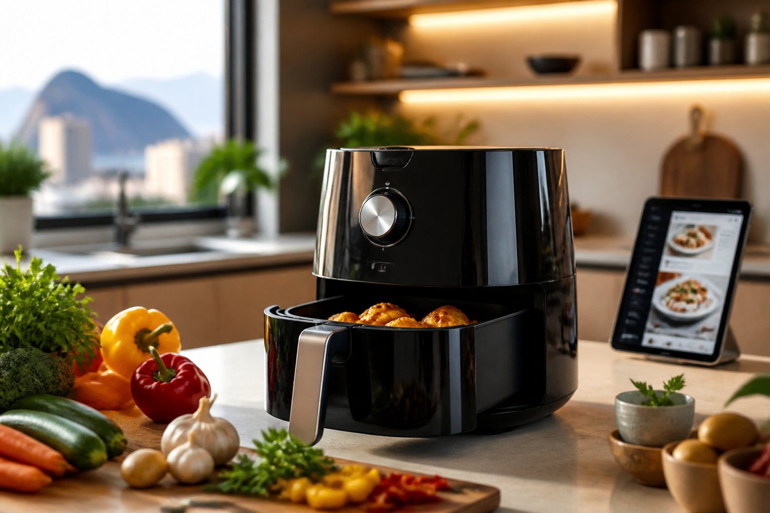 Cozinha moderna com uma air fryer sobre a bancada cercada por vegetais frescos e utensílios de cozinha.
