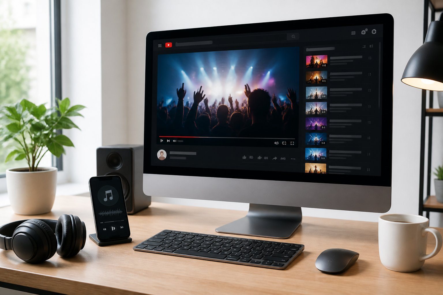 Computador em uma mesa moderna com fones de ouvido, mostrando uma interface de música na tela, em um ambiente de escritório organizado.