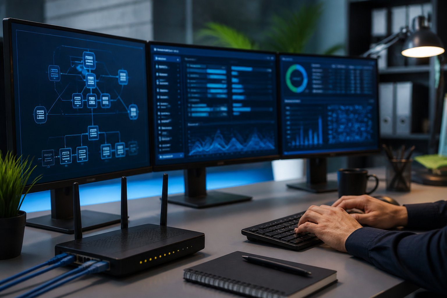 Mesa de escritório moderna com computadores e equipamentos de rede, mostrando um ambiente de trabalho tecnológico.