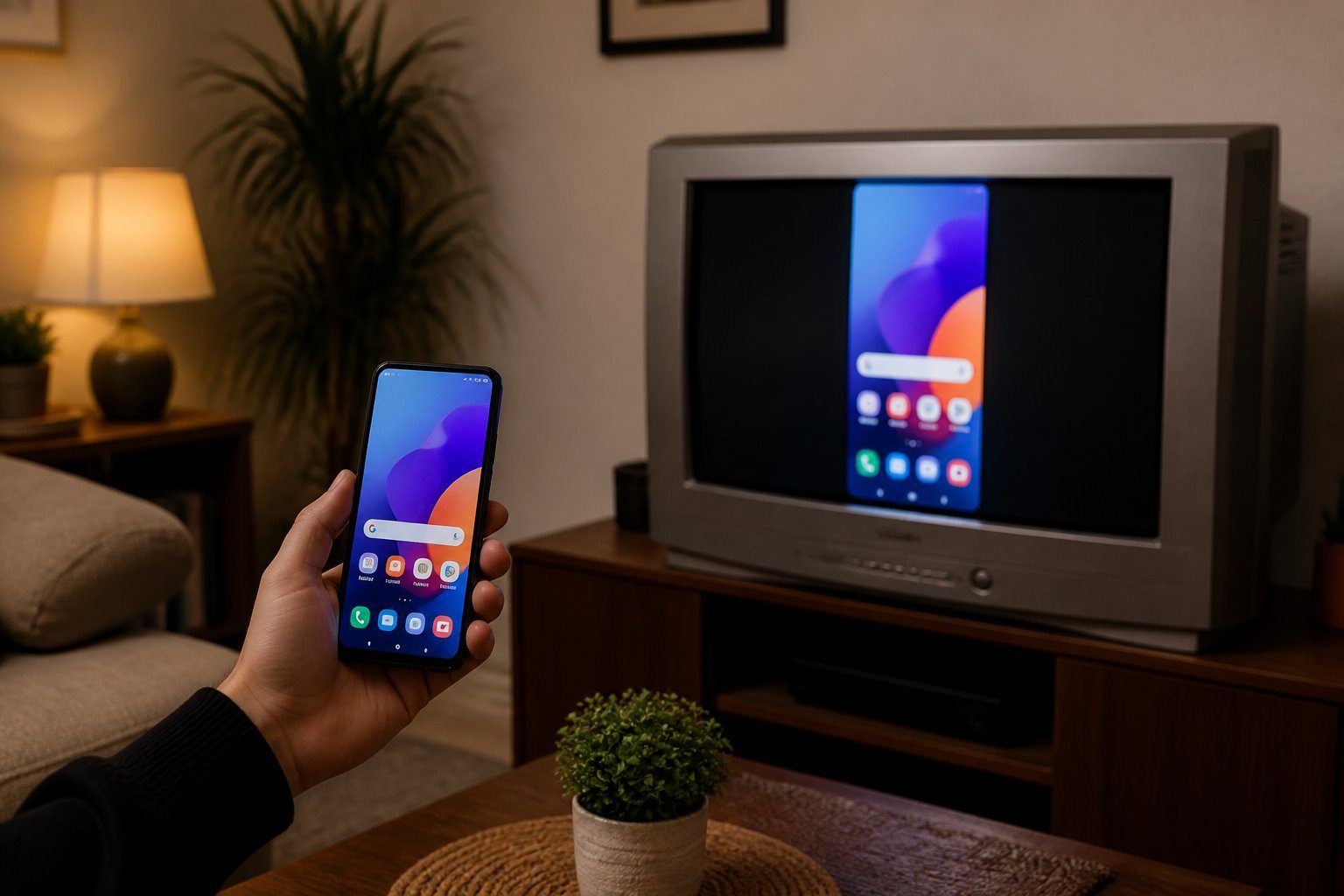 Pessoa segurando um celular transmitindo a tela para uma TV Samsung antiga em uma sala de estar aconchegante.