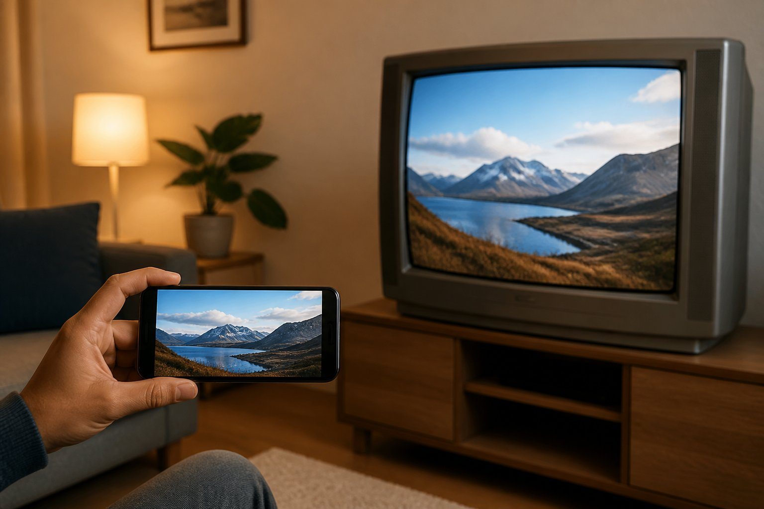 Pessoa segurando um celular transmitindo a tela para uma TV Samsung antiga em uma sala de estar.