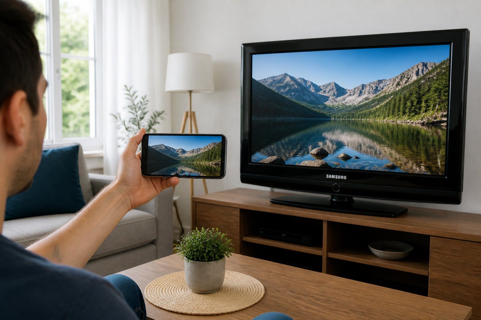 Pessoa usando um smartphone para transmitir a tela para uma TV Samsung antiga em uma sala de estar.