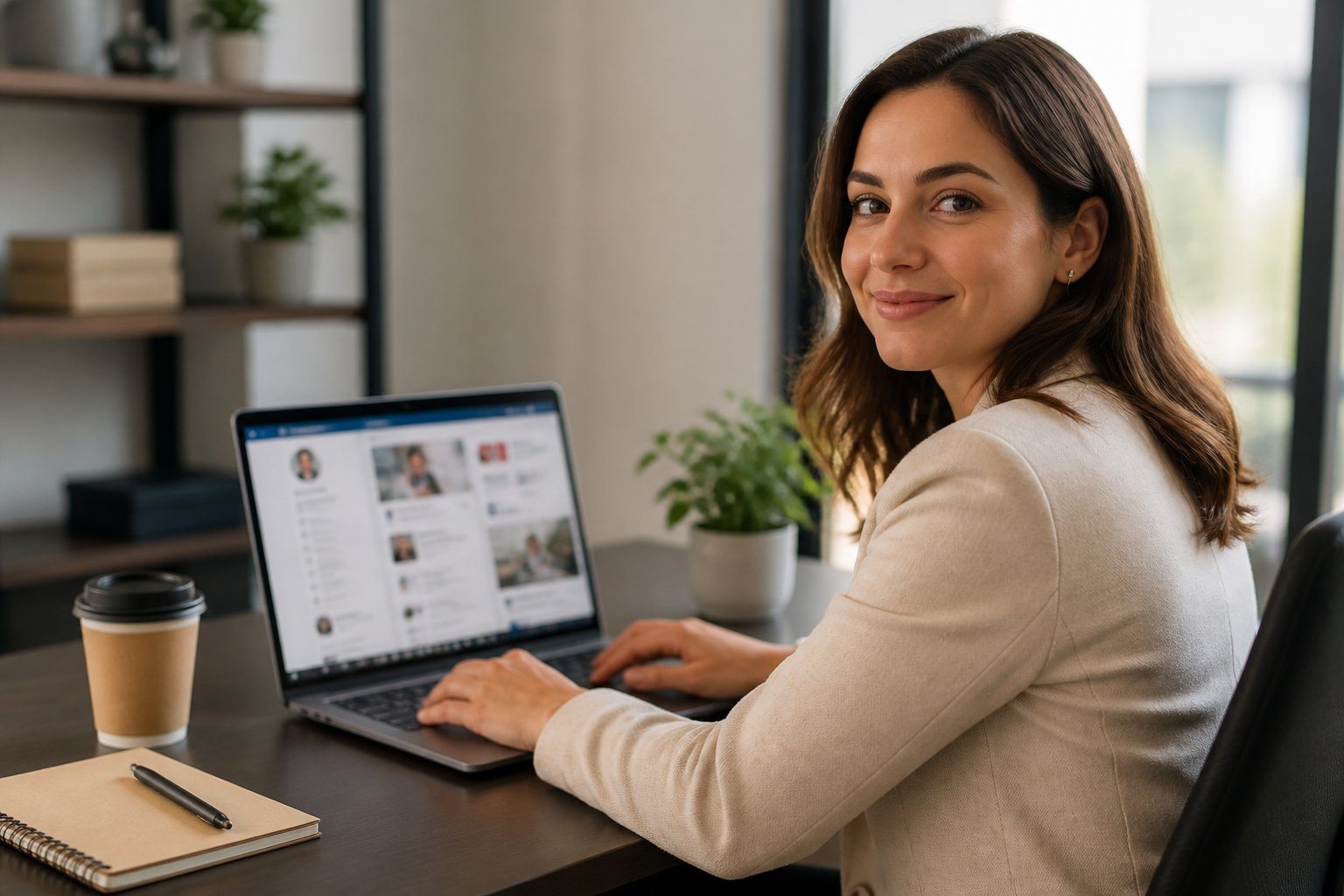 Mulher jovem sentada em uma mesa de escritório usando um laptop, com expressão de interesse e ambiente de trabalho moderno ao fundo.