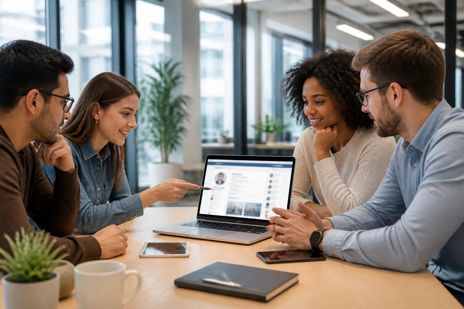 Grupo de profissionais jovens reunidos em escritório moderno, olhando para um laptop em uma mesa, discutindo estratégias digitais.