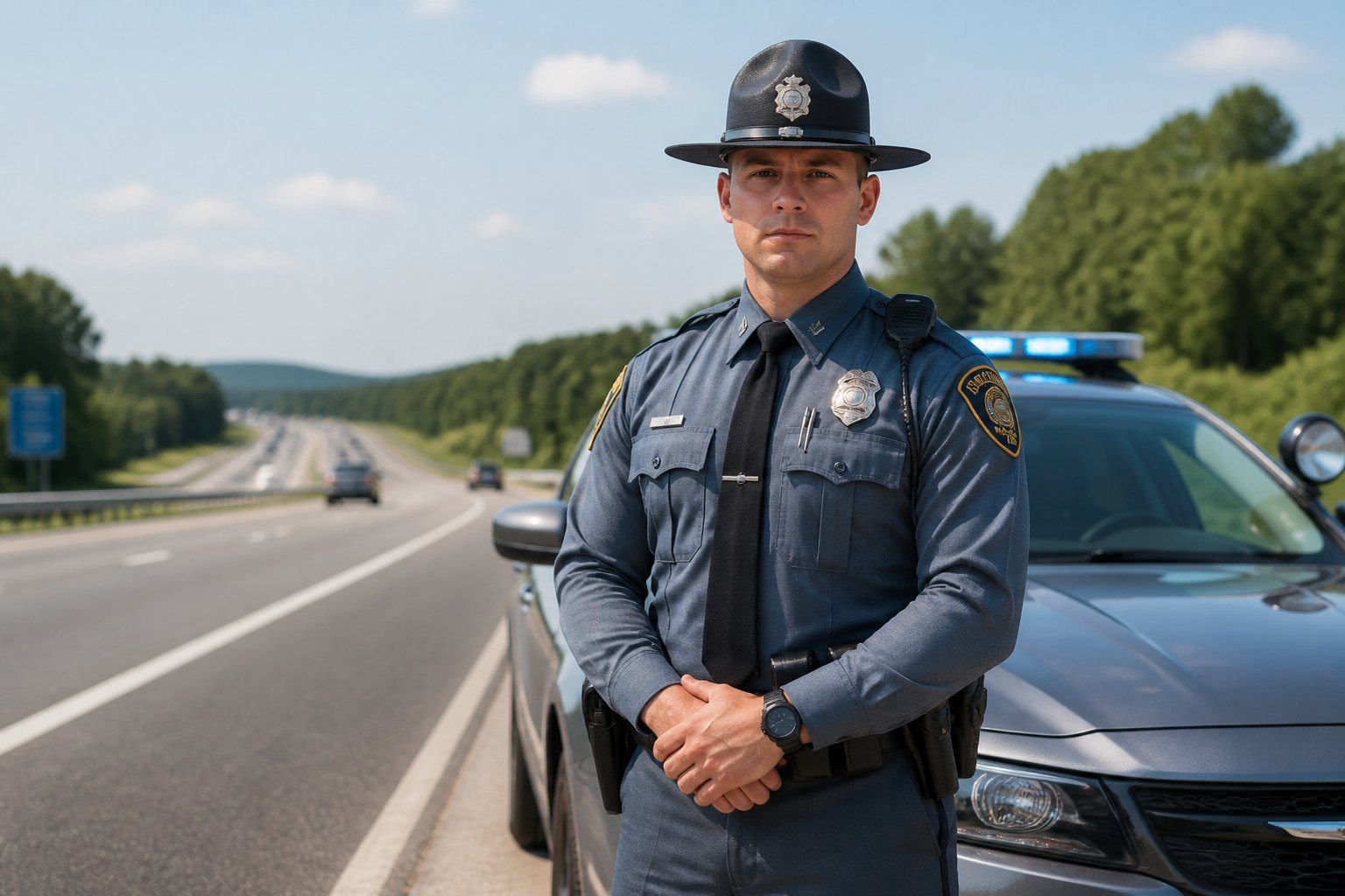 Policial rodoviário estadual em uniforme completo ao lado de viatura policial em uma rodovia durante o dia.