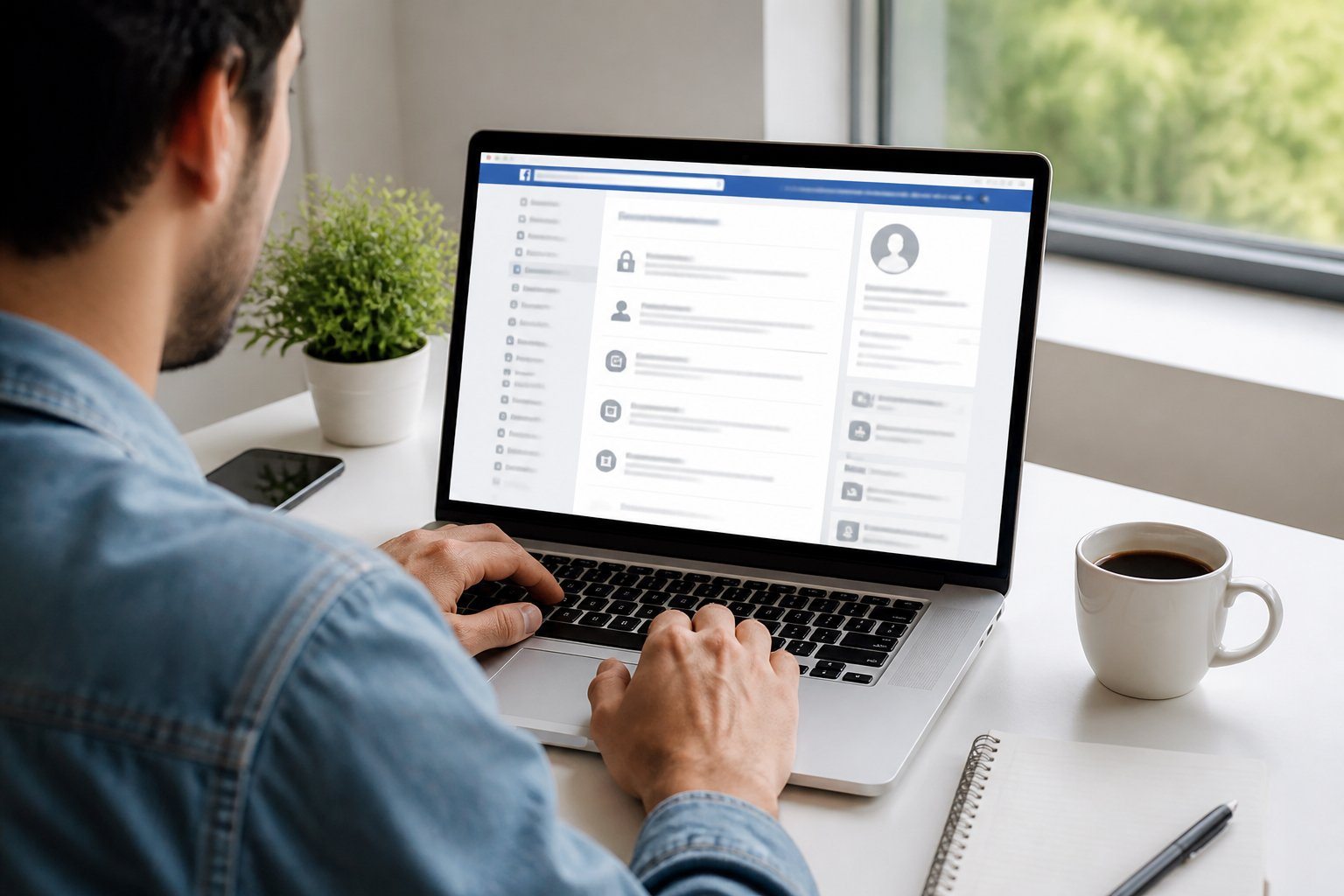 Pessoa usando um laptop em uma mesa organizada, navegando nas configurações do Facebook para desbloquear alguém.
