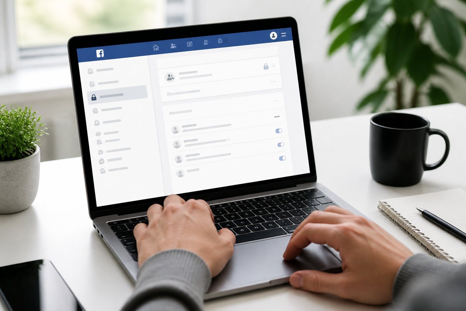 Pessoa usando um laptop em uma mesa de escritório, navegando pelas configurações do Facebook.
