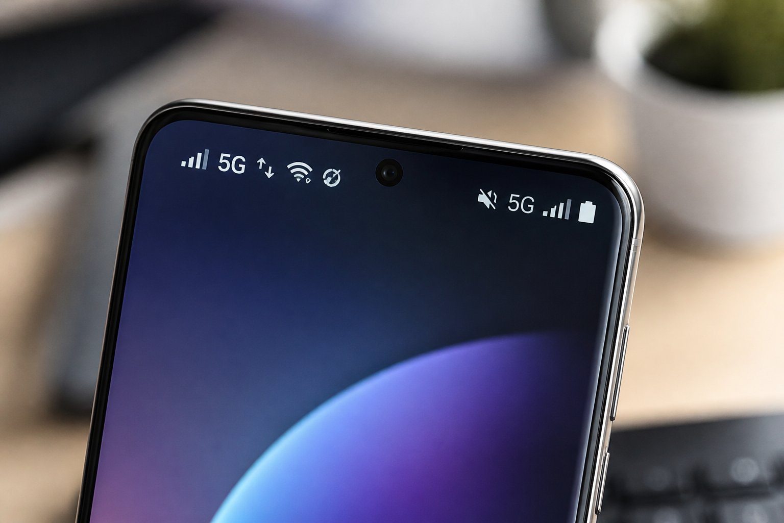 Close-up de uma tela de smartphone Samsung mostrando ícones de status da rede celular, como sinal, conexão 4G/5G e bateria.